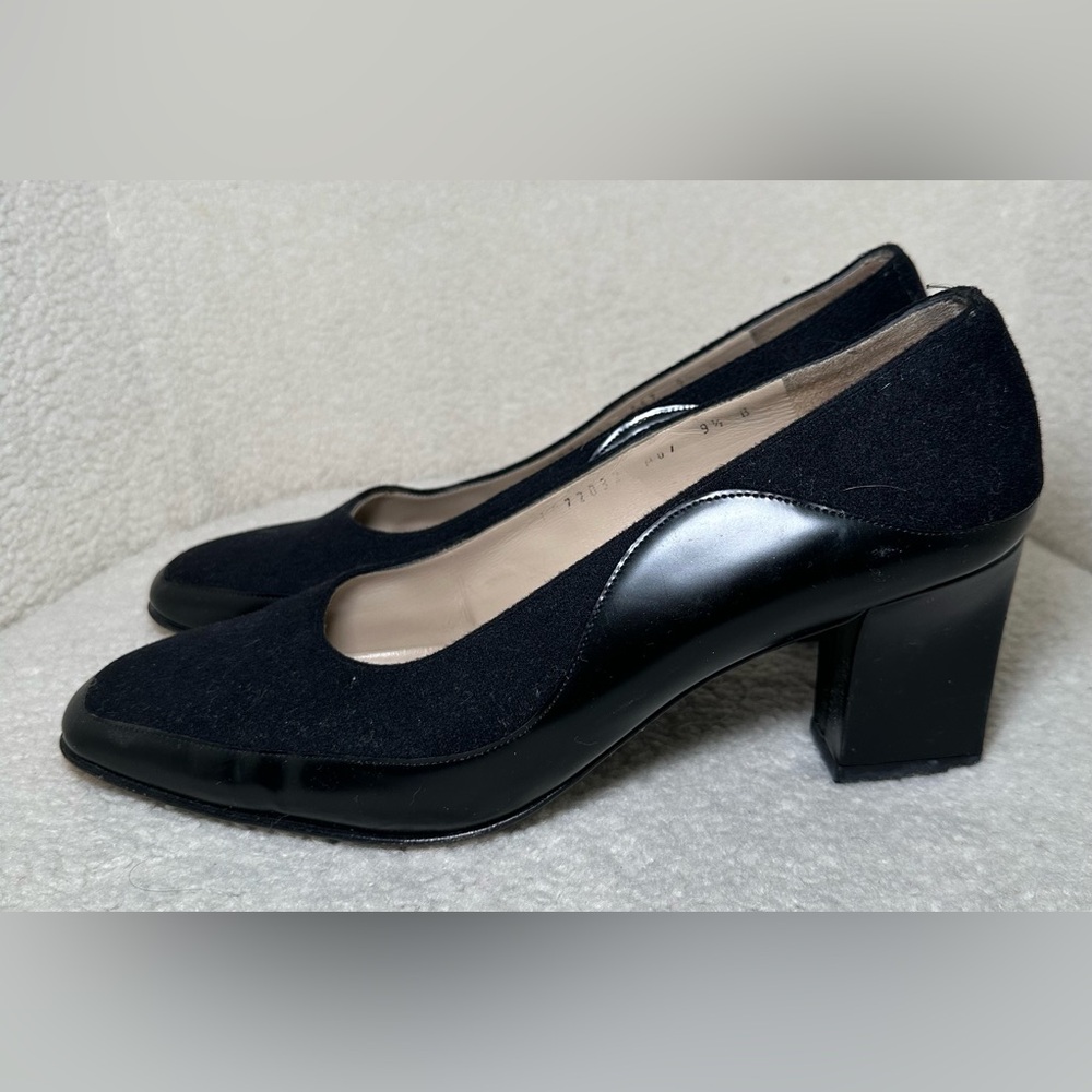 Salvatore Ferragamo Black Suede & Leather Block Heel Pumps‎ Preppy Money 9.5